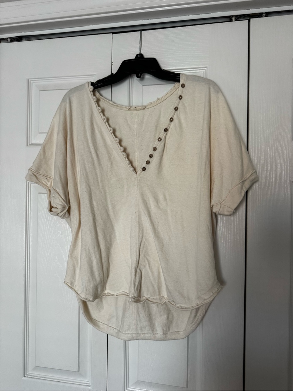 Together Cream V-Neck Short Sleeve Top with Button Trim